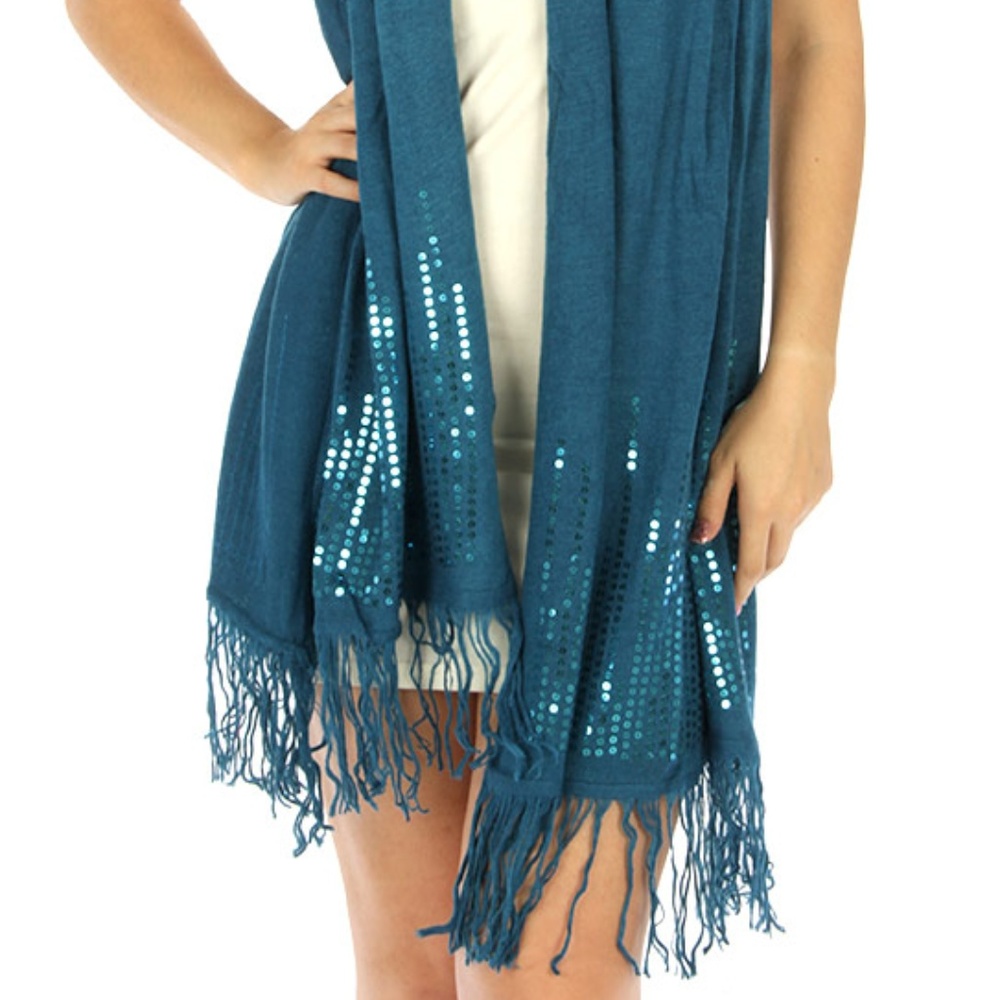 Sequin Sweater Knit Evening Wrap Shawl Scarf Teal - Picture 3 of 4